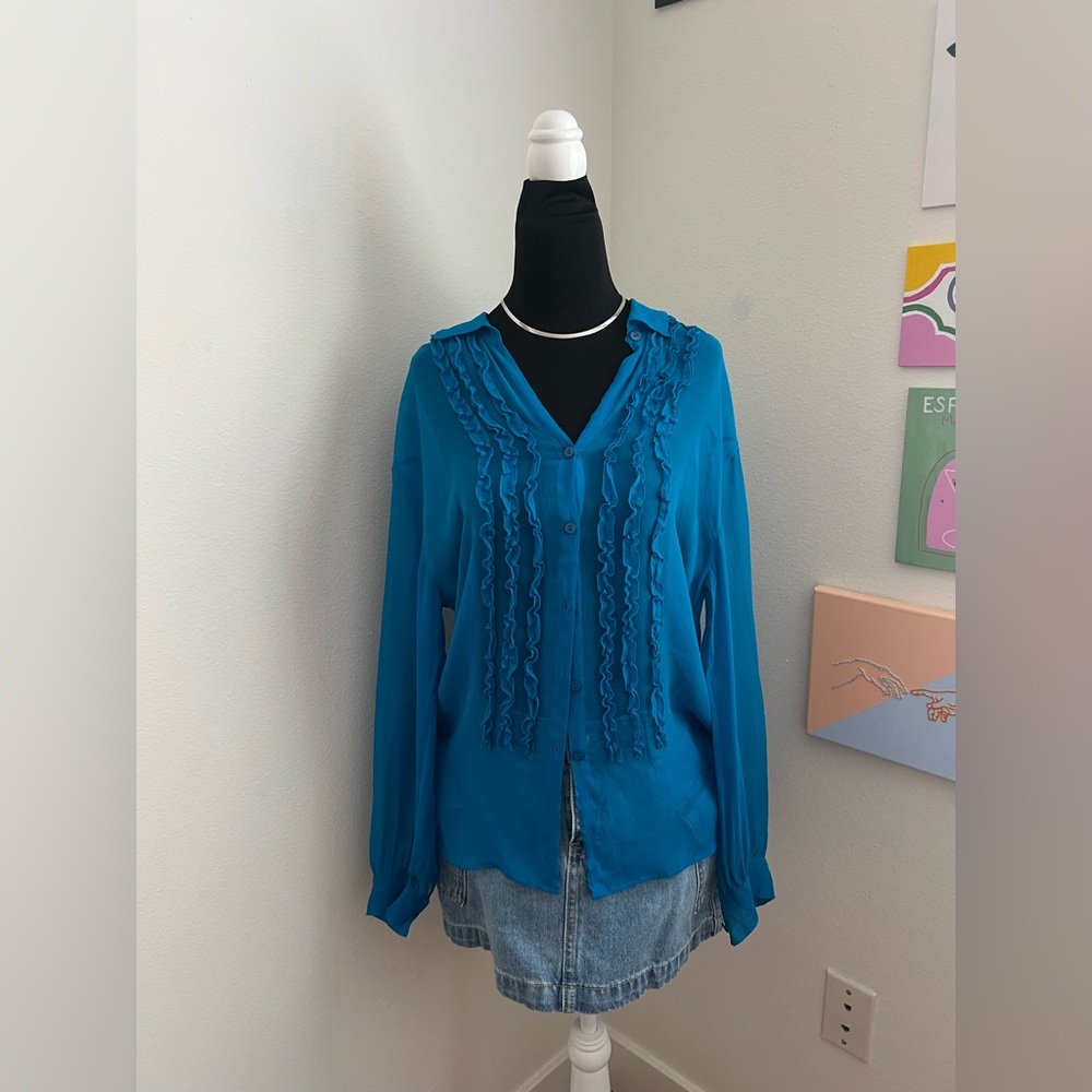 S.L.B. 100% Silk Blouse – Teal Blue with Ruffle Front – Size L